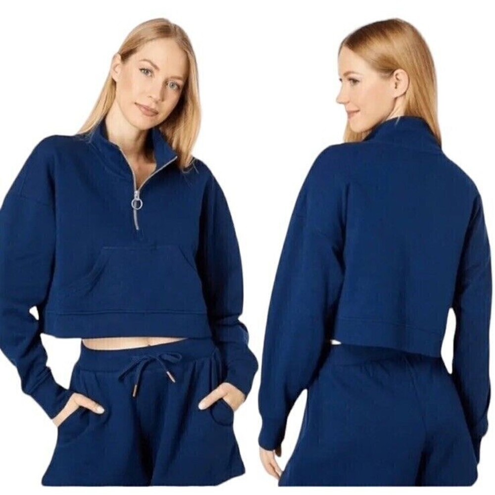 WeWoreWhat Half Zip Cropped Terry Pullover in Dress Blue Sz S
